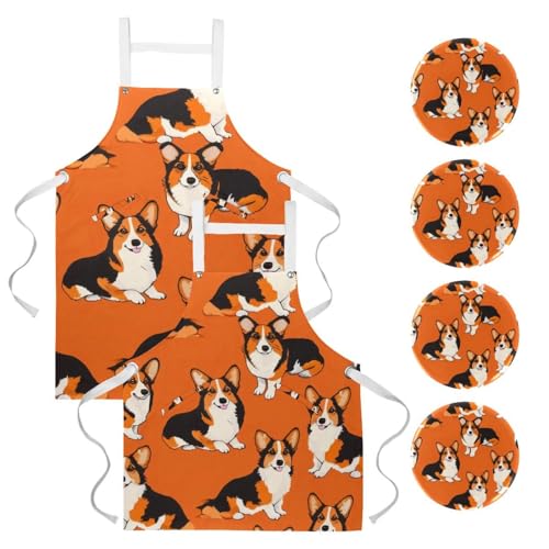 Lot de 2 tabliers de cuisine Corgi réglables et multicolores pour la pâtisserie