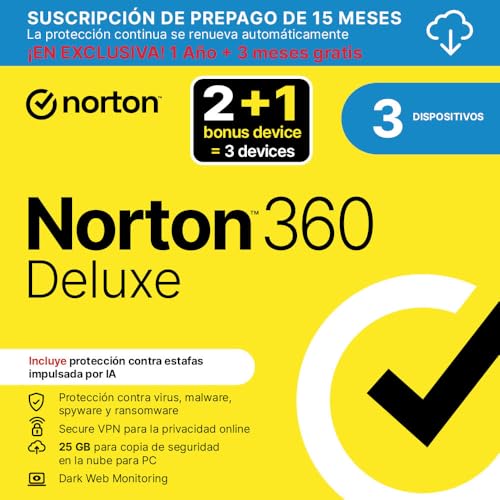 Norton 360 Deluxe 2025 |Antivirus 2+1 Dispositivos|15 meses con renovación automática| Descarga digital