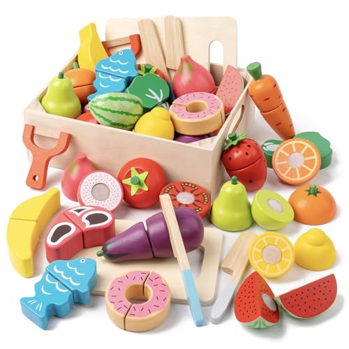 34Pcs Wooden Play Food for Toddlers - Toy Food with Velcro Fruit & Veggies