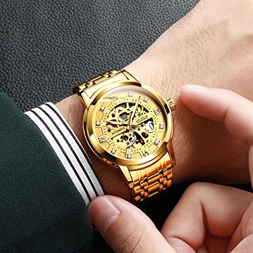 Olevs Yellow Gold Watch For Men Large Face Stainless Steel Automatic Watches No Battery Casual Luminous Water Resistant Men's Self-Wind Watch Roman Numeral Fake Gold Analog Skeleton Men Wrist Watches #TOP1