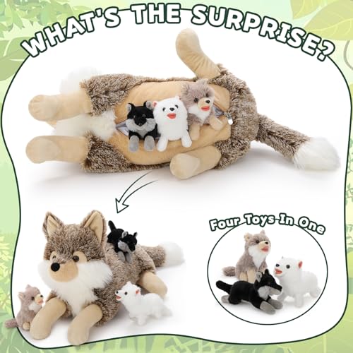 MorisMos liegend Wolf Kuscheltier XXL, 50cm riesen groß Plüschtier Wolf mit 3 Baby, PlüschWolf Stofftier Weich Spielzeug, Geburtstag Geschenk für Kinder