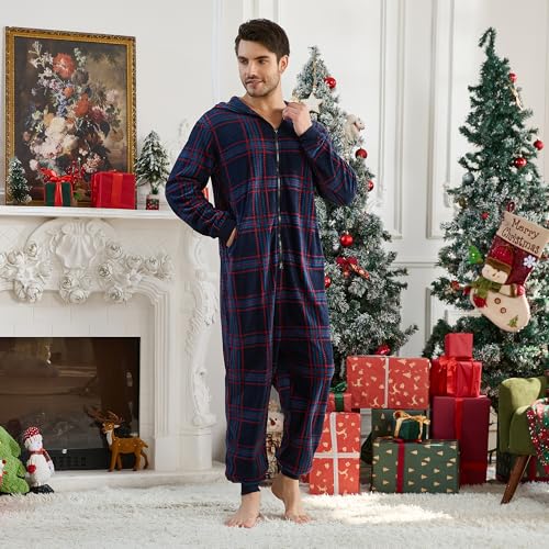 U2SKIIN Couple Onesie Pajama Sets, Hooded Zipper Christmas Matching Plaid Pjs Set for Men and Women Soft Warm Jumpsuit2