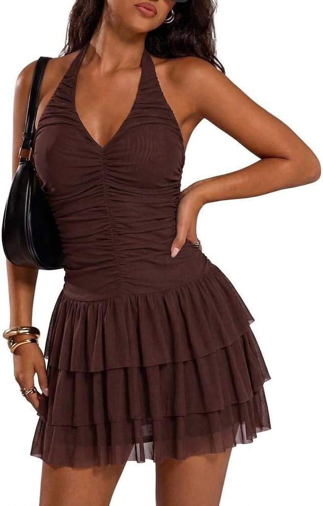 Ryehack Sexy Halter Mini Dress for Women Backless Ruched Bodycon V Neck Mesh Layered Flowy Summer Party Vacation Dress