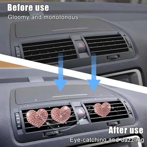 EKUWU Bling Heart Rhinestone Air Vent Clips, 6 PCS Sparkling Crystal Heart Vent Clips Car Accessories Interior, Car Decorations for Women Girls Auto SUV (Pink)