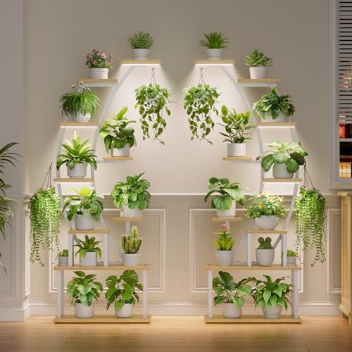 Image of BACEKOLL Plant Stand Indoor with Grow Lights, 9 Tiered Metal Plant Shelf, 64 inch Tall Plant Stand for Indoor Plants Multiple, Large Plant Rack Display Shelf, Curved Plant Holder for Living Room, White