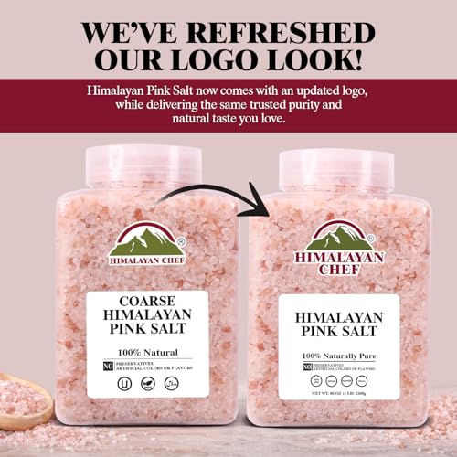 Image of Himalayan Chef Pink Himalayan Salt Coarse Grain, Plastic Jar - Pure, Natural, Kosher, Mineral-Rich, Ideal for Grinder Refills, Cooking, Seasoning, 80 Ounce (Pack of 6)