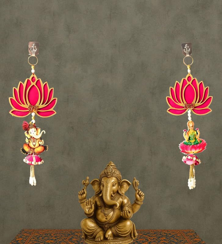 Image of shubh labh Hanging,latkan for Decoration, Mandir Door Decorations Items, Pink Lotus with Ganesh laxmi Hanging, Ganpati Decor & Diwali Decoration|2 Pieces|12 Inch |