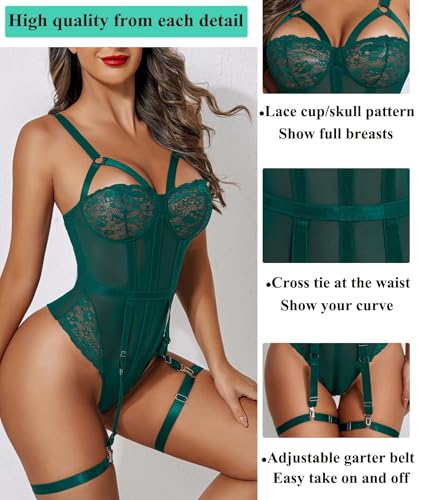 Image of SSoShHub Women Lingerie Set Lace Teddy Strap Babydoll Bodysuit Bikini with Garter Belt One Piece Lingerie Strappy Lingerie