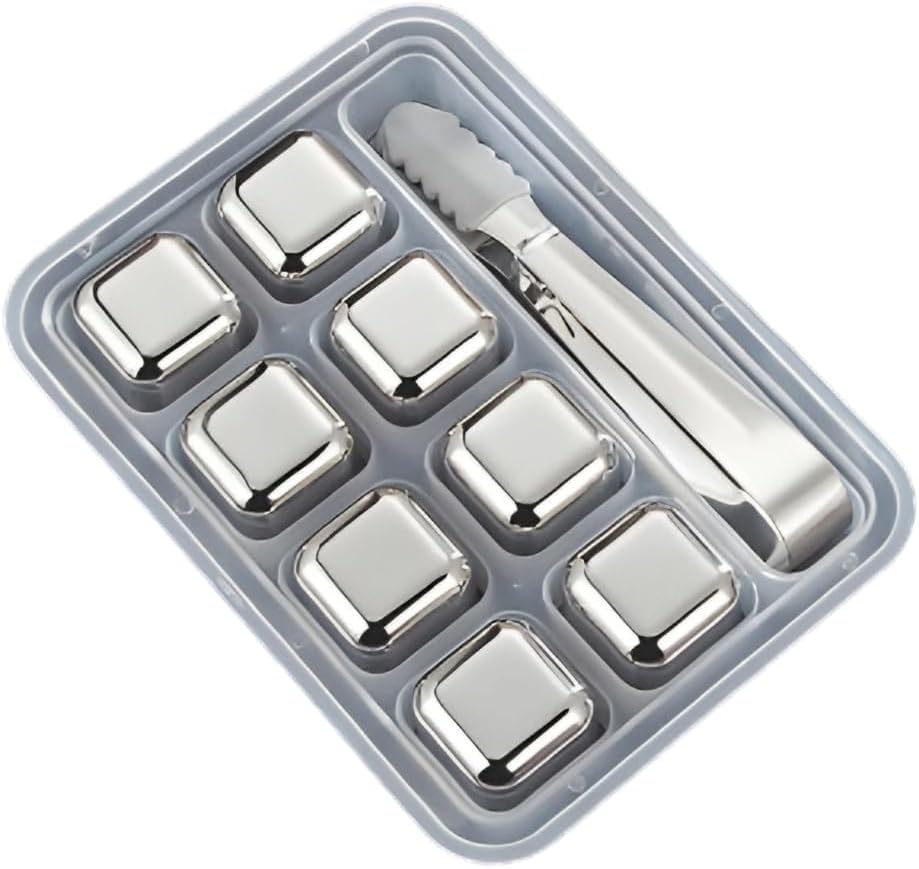 8Pcs Stainless Steel Whiskey Stones Ice Cubes with Tongs & Container - Food Grade Quick-Frozen Ice for Wine - Metal Ice Cubes for Chilling Red Wine