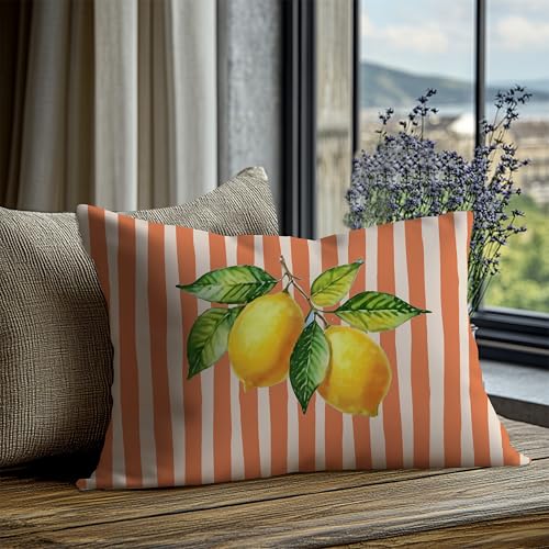 Image of Terracotta and Yellow Summer Italian Mediterranean Amalfi Coast Lemon Pillow Cover Decor 12x20,Italian Striped Decorative Throw Pillow Cover Decor for Couch Double-Sided