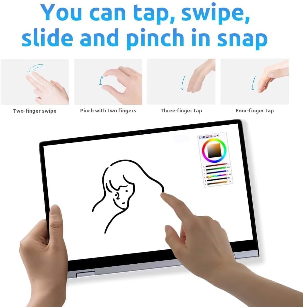 Illustrations of various touchscreen gestures: two-finger swipe, pinch with two fingers, three-finger tap, and four-finger tap.