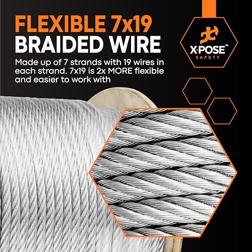 Image of Xpose Safety 3 /8 inch Galvanized Steel Aircraft Cable Wire - Pack of 48, 250 ft Reel, 7x19 Strand, 14,400 lb Break Strength - for Pulley System, Winch, Marine, Deck Railing, Fencing, Zipline