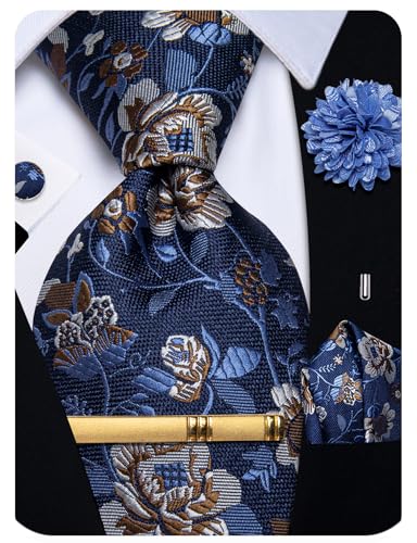 Image of YourTies Silk Paisley Floral Tie and Pocket Square Cufflinks with Lapel Pin Sets for Men 5PC Wedding Party