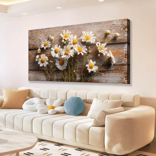 KZKU Large Rustic Daisy Wall Art Farmhouse Floral Canvas Print-White Flowers on Weathered Wood Background- Modern Hmoe Decor for Living Room Bedroom 20X40in