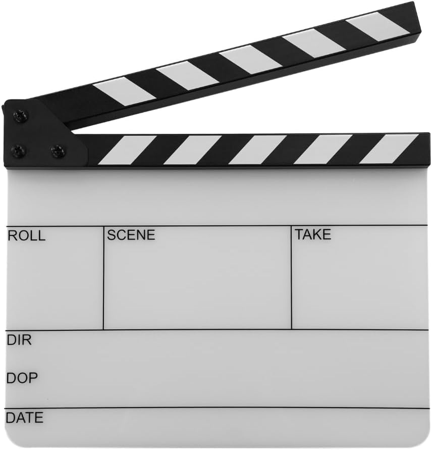 Action! by Filmsticks One-Piece USA Version Medium Clapperboard, 280 x 220 mm, UV-Printed Acrylic Film Slate with ABS Clapper Sticks, Wipe-Clean Movie Slate for Film School & Indie Filmmaking