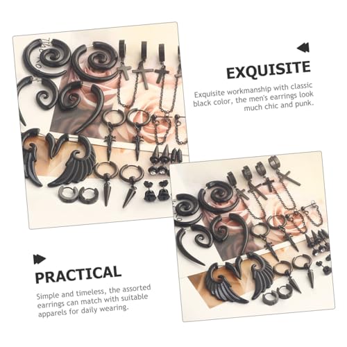 Pendientes negros para hombre de acero inoxidable set de 12 pares con diseño punk y cruces 7