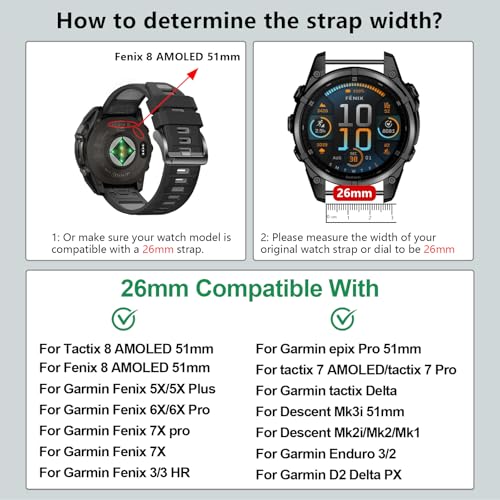 Image of 26mm Watchbands Compatible With Garmin Fenix 8 Pro /Quatix 8 51mm /Fenix 7X Pro /7X /6X Pro /6X /5X Plus /5X /3 HR,Silicone Quick-Fit Strap for tactix 8 51mm /7 pro /Enduro 3 2 /Descent Mk3i-51mm /Mk2i