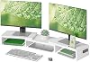 Soporte para monitor doble BONTEC, longitud ajustable y ángulo giratorio, blanco | Organizador de escritorio de madera ergonómico con soporte para teléfono inteligente, soporte para monitor de computadora para PC, laptop, impresora y almacenamiento grande 2