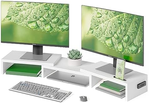 BONTEC Monitorständer Holz für 2 Monitore, verstellbar, Handyhalter, Weiß | Dual Monitor Stand Riser, Länge und Schwenkwinkel flexibel einstellbar, ergonomisch für Büro und Heimarb