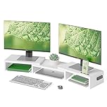 BONTEC Dual Monitor Stand Riser, Adjustable Length & Angle, Ergonomic Desk Organizer with Smartphone Holder, Extra Storage & Cable Management, Wooden Monitor Riser for Laptop, Printer & Monitor, White