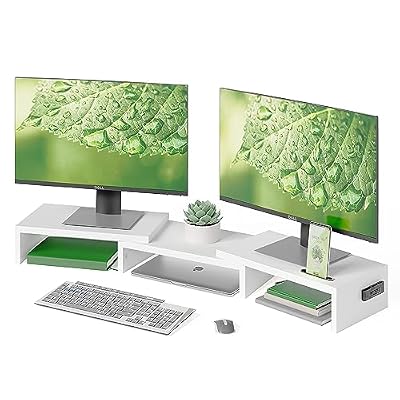 BONTEC Dual Monitor Stand Riser, Adjustable Length & Swivel Angle, Ergonomic Wooden Desktop Organizer with Smartphone Holder, Computer Monitor Stand for PC Monitor, Laptop, Printer, Large Storage