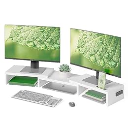 BONTEC Dual Monitor Stand Riser, Adjustable Length & Swivel Angle, Ergonomic Wooden Desktop Organizer with Smartphone Holder, Computer Monitor Stand for PC Monitor, Laptop, Printer, Large Storage