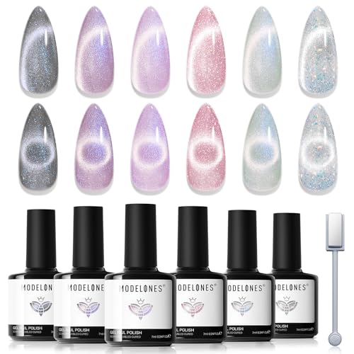 Image of modelones Cat Eye Gel Nail Polish Set, 6 Colors Summer Light Pink Purple White-Blue Pearlescent 9D Cateye Glitter Gel Polish kit Dreamy Veil with Magnet Soak Off LED Nail Art Starter Kit DIY Gift