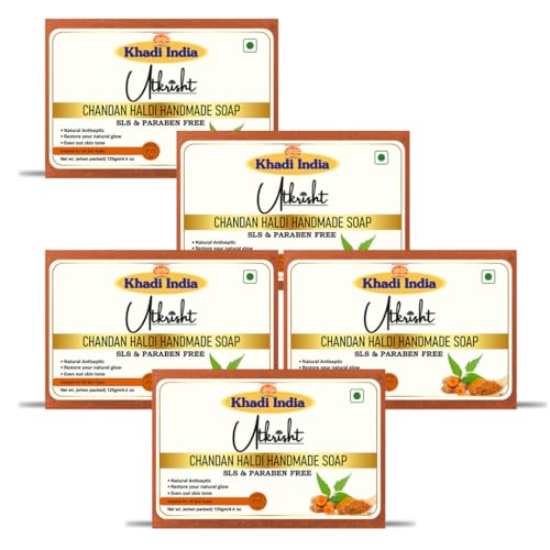 Image of Khadi Chandan Haldi Handmade Bathing Soap Bar 125g (Pack of 5) | Natural & Herbal Anti-Aging Soap for Glowing Skin | Fades Dark Spots & Pigmentation | Reduces Acne & Pimples | All Skin Types