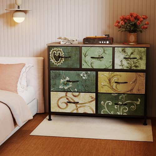 Image of OLIXIS 7 Drawer Closet Organizer, Storage Tower with Sturdy Steel Frame | Dresser for Bedroom, Wooden Top & Easy Pull Fabric Bins, Clothes Organization, Living Room Entryway, Floral
