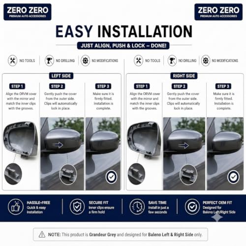 Image of ZERO ZERO Right & Left Side ORVM Mirror Cover Cap for Maruti Suzuki Baleno Base Model | Grandeur Grey (WBF) | No Indicator Cut Type | Door Side Mirror Cover Pair | Premium ABS Replacement.