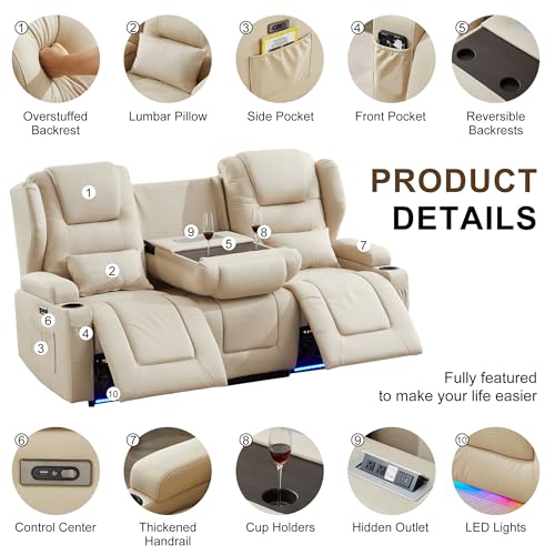 Image of DRMBOOK RV Power Loveseat Recliner Sofa, Leathaire Fabric 3-Seater Wall Hugger Reclining Sofa, Home Theater Seating Chair with Cup Holder, 3 Person Couch RV Furniture for Living Room, Beige