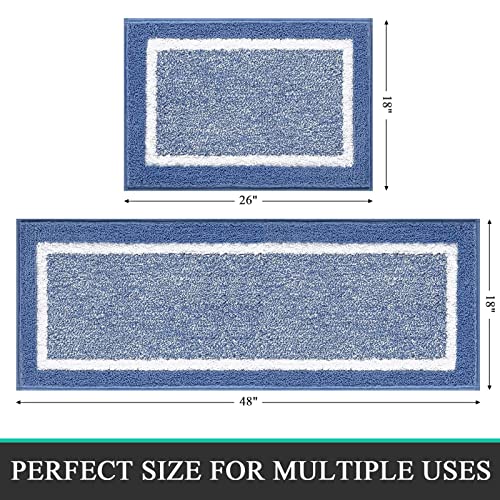 Pauwer Bathroom Rugs Sets 2Pc, Non Slip, Absorbent, Machine Washable, Blue, 18x26+18x48 inches