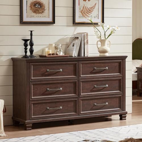 SAVOR LIFE Farmhouse 6 Drawer Dresser for Bedroom, 54 inch Wide Large Vintage Chest of Drawers with...