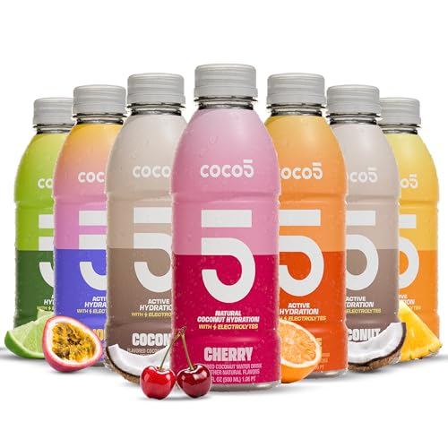 COCO5 Coconut Water Variety Pack — Natural Electrolyte Sports Drink, 50% Less Sugar, 5 Essential Electrolytes, Non-GMO, Gluten Free, 2x 16.9 fl oz Bottle per Flavor