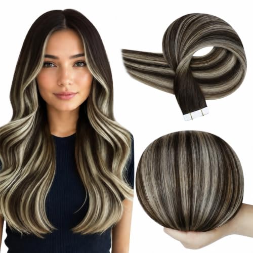 Full Shine Human Hair Tape In Extensions, Brown Platinum 18 Inch