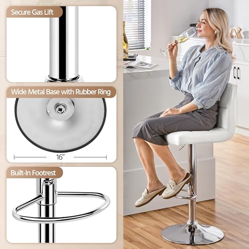 Image of Yaheetech Single Bar Stool, PU Leather Adjustable Swivel Barstools, Armless Hydraulic Kitchen Counter Bar Stool, Kitchen Island Chairs, White