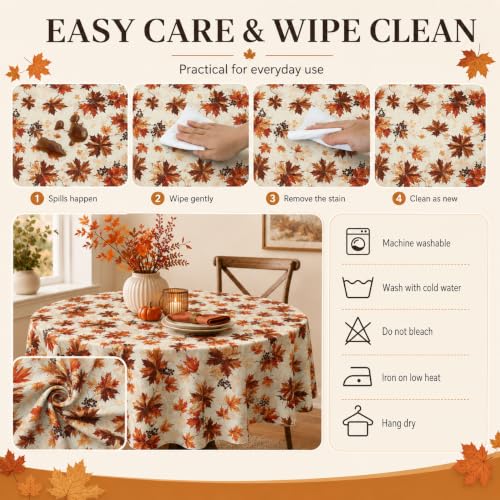 Image of Fall Round Tablecloth 60 Inch Maple Leaves Waterproof Heat Resistant Reusable Table Cloth Thanksgiving Decorations Autumn Table Cover for Holiday Kitchen Dining Party Season Decor