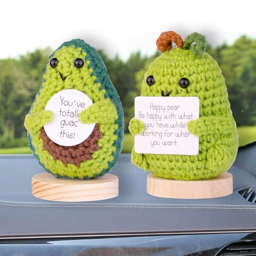 Image of Funny Positive Avocado 2 Pack Handmade Emotional Support Knitting Wool Pear Doll Gift with Wooden Base for Friends, Parties, Christmas Decoration and Encouragement(C11)