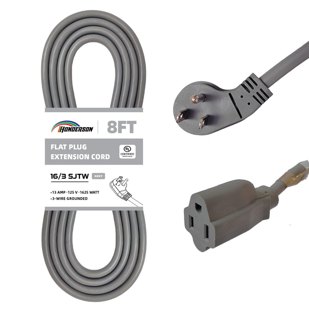 Cable de extensión de enchufe plano para interiores, con certificación UL, calibre 16 de 8 pies, cable de extensión resistente de 3 clavijas, cable de extensión de alimentación SJTW 13A