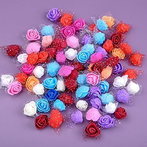 Euvoym 100 PCS Mixed Color Small PE Foam Rose Heads with Lace Edge Mini Foam Artificial Rose Flower Bouquet Wedding Decor for DIY Crafts Accessories Home Party Decoration (Mixed Color)