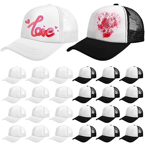 Vabean 24 Pack Sublimation Blank Cap Trucker Mesh Cap Unisex Plain Blank Baseball Hat for DIY Embroidery Sublimation Printing (Black White)