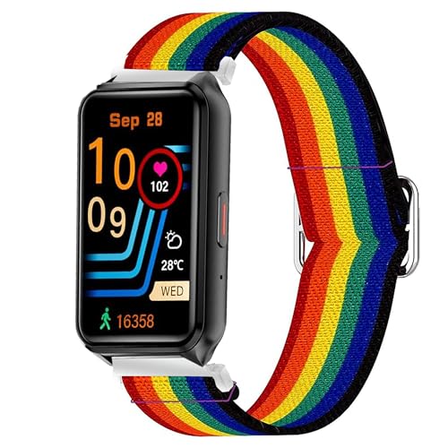Compatible with SGJIK Smart Watch Band, Lamshaw Quick Release Stretch Elastics Nylon Adjustable Replacement Strap Accessories Compatible for Compatible with SGJIK H37 1.57 Inches Smart Watch Fitness Tracker (Dark rainbow)