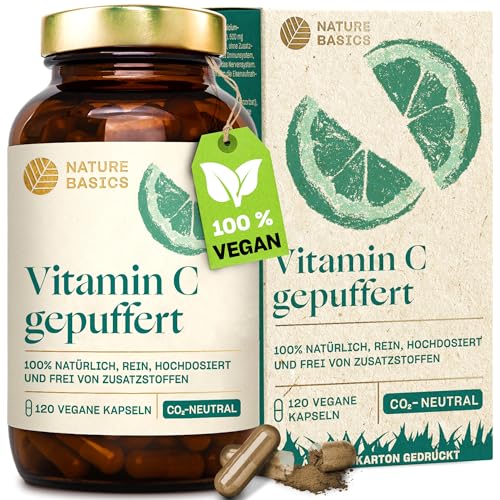 Nature Basics Vitamin C hochdosiert - 120 Kapseln - 1000 mg Vitamin C gepuffert pro Tagesdosis - Made in Germany - Vegan, Zertifiziert & Nachhaltig im Glas