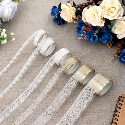 Image of HASTHIP Washi Tapes - 6pcs Vintage Lace Decorative PET Tape Set Multi Size, 8 /12 /18 /25(mm) Width Decorative Tape Washi Tapes Floral for Scrapbooking, Journaling(16.4ft Per Roll)