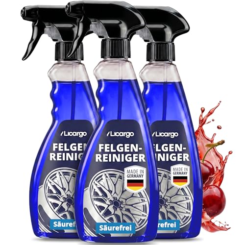 LICARGO Felgenreiniger (3x 750 ml) säurefrei mit Wirkindikator - kraftvolle Felgenpflege für Alufelgen, Stahlfelgen & Chromfelgen - pH-hautneutral, materialschonend - Auto Felgen Reiniger, Rim Cleaner