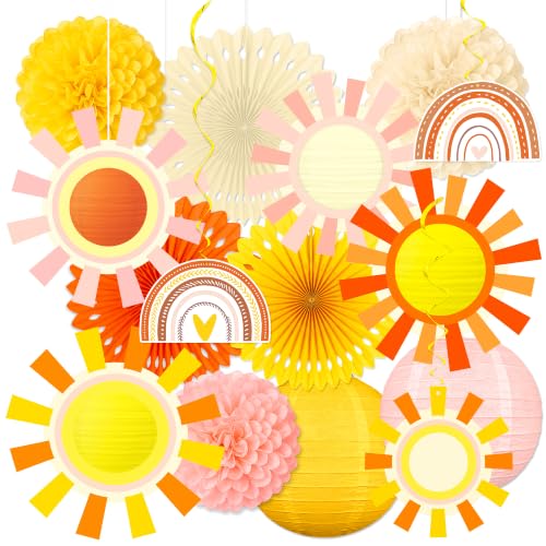 15PCS Sun Party Decorations Paper Lanterns Fans Poms Hanging Swirls