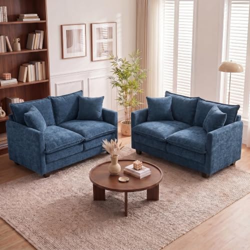 Image of 50'' Loveseat Sofa Set, Small Couch Set 2 Piece Cloud Love Seat with 27 inch Deep Seat Washable Chenille Pillows Couches for Small Spaces Apartment Living Room, Blue