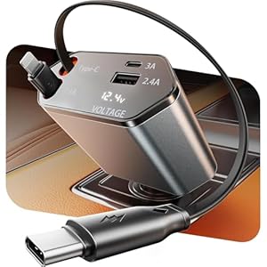 GUSGU 100W Retractable Car Charger, 4-in-1 Fast Car Phone Charger Featuring a 2.6ft Retractable Cord, with Lightning and USB-C Cable Car Charger Adapters, Compatible All Other Phone Models (Silver)