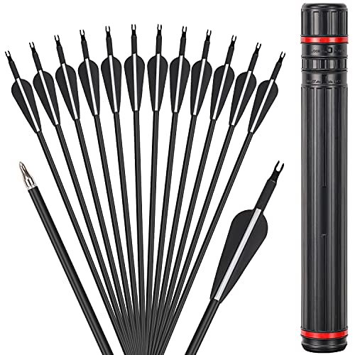 Aimdor 30 Inch 12 Pcs Carbon Arrows and Quiver Set 500 Spine Carbon Arrows Hunting Arrows with Quiver Targeting Arrows with Removable Tips for Compound and Recurve Bow Black (Pack of 12)