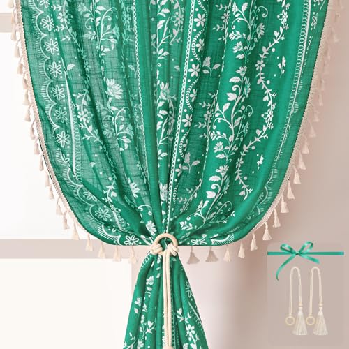 Image of Yinhua Boho Curtains for Living Room 84 Inch Length Vintage Linen Teal Curtains for Bedroom Light Filtering Floral Window Curtain Rod Pocket & Back Tabs Farmhouse Rustic Tassel Drapes with Tiebacks
